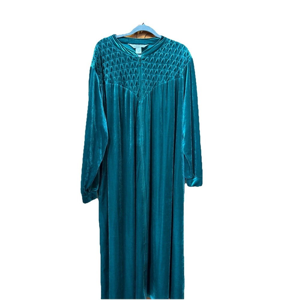 The Vermont Country Store Nightgown Robe Housecoat XS Green Velvet Rushing
